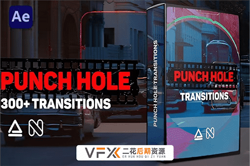 [AE预设+脚本] 300组复古胶片故障叠加效果摄像机视频无缝转场预设 Punch Hole Transitions Library