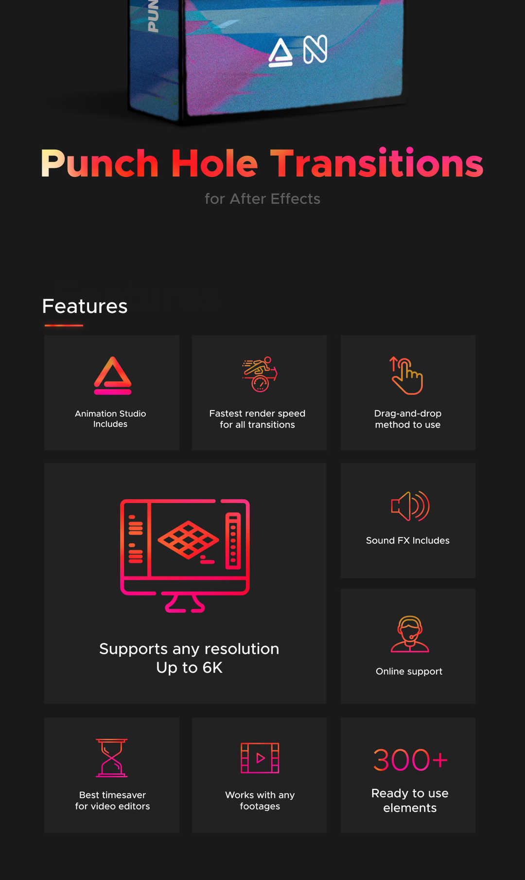 [AE预设+脚本] 300组复古胶片故障叠加效果摄像机视频无缝转场预设 Punch Hole Transitions Library