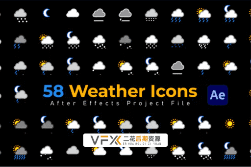[AE模板] 58款经典阴晴雨雪天气预报图标动画 Weather Icons