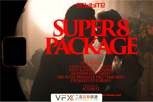 [胶片素材] 复古电影胶片边框灼烧噪点污渍纹理4K视频素材 Super 8 Package