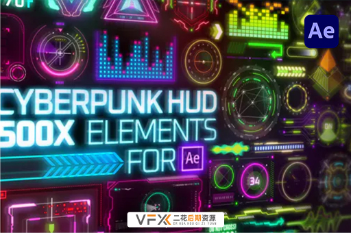 [AE脚本] 523个HUD科技感赛博朋克霓虹发光UI元素图形动画 Cyberpunk HUD Elements for After Effects