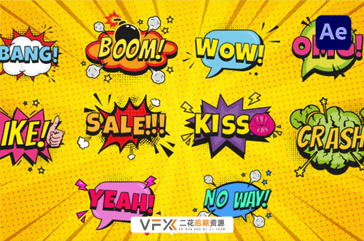 [AE模板] 10种卡通漫画风格综艺爆炸泡泡标题展示 Comic Bubbles | Editable Cartoon Titles