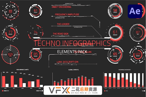 [PR模板] 56个科技感信息图表HUD预设动画 Techno Infographics