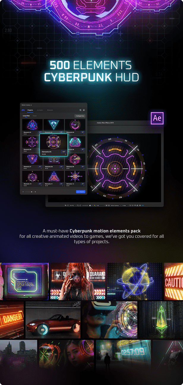 [AE脚本] 523个HUD科技感赛博朋克霓虹发光UI元素图形动画 Cyberpunk HUD Elements for After Effects