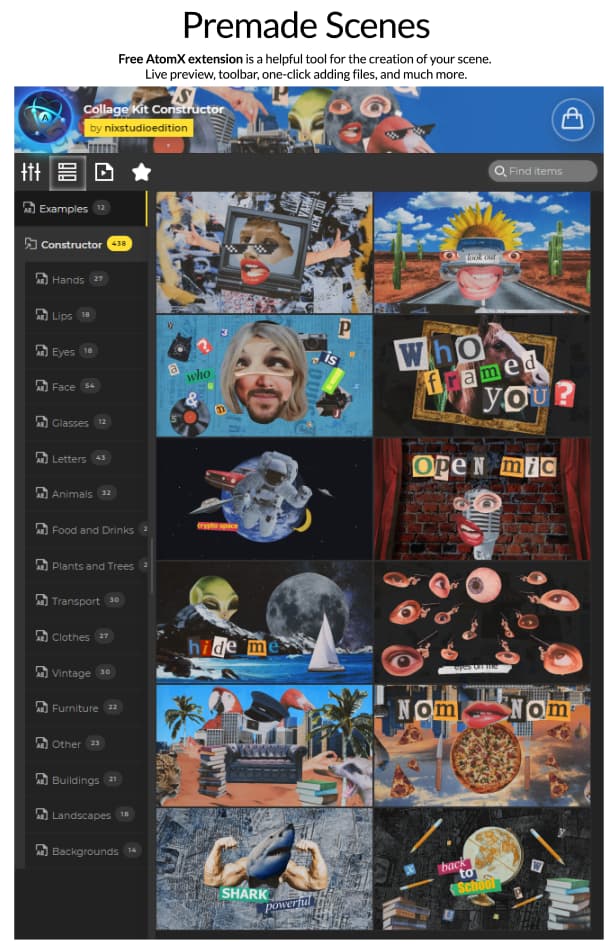 [AE脚本] 450组嘴唇眼睛手势动物汽车物品复古拼贴画贴纸动画预设 Collage Kit Constructor V2