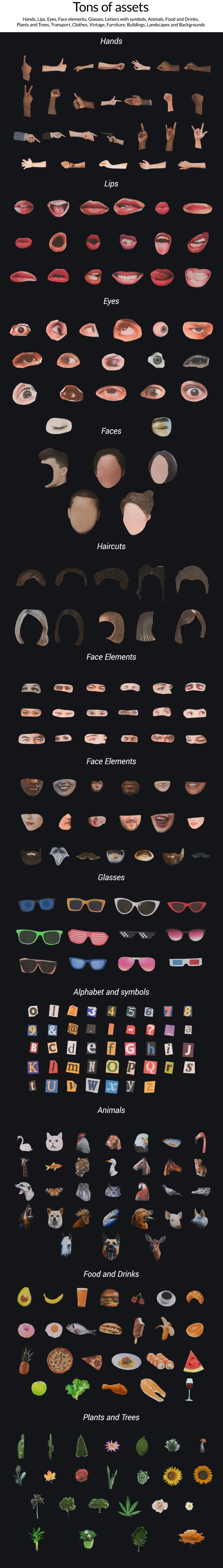 [AE脚本] 450组嘴唇眼睛手势动物汽车物品复古拼贴画贴纸动画预设 Collage Kit Constructor V2