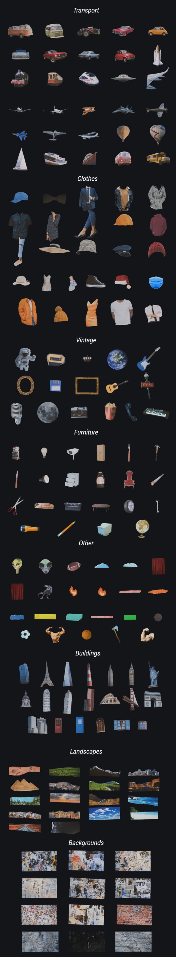 [AE脚本] 450组嘴唇眼睛手势动物汽车物品复古拼贴画贴纸动画预设 Collage Kit Constructor V2