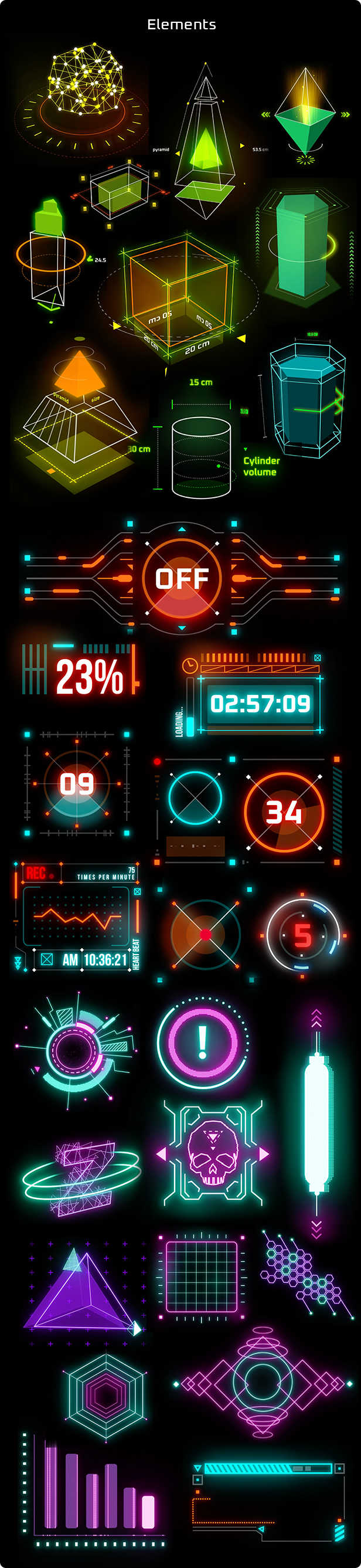 [AE脚本] 523个HUD科技感赛博朋克霓虹发光UI元素图形动画 Cyberpunk HUD Elements for After Effects