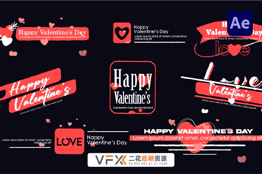 [AE模板] 8种情人节爱心标题字幕条动画 Valentine’s Lower Thirds