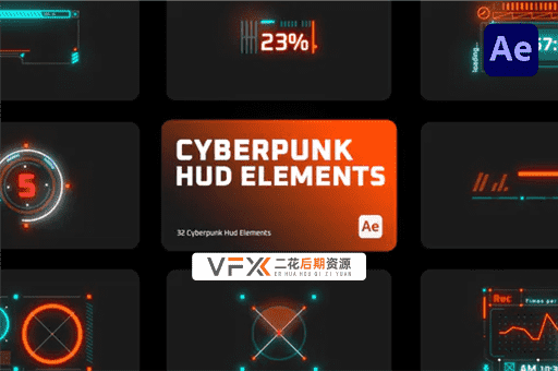 [AE模板] 32个未来赛博朋克HUD元素动画 Cyberpunk HUD Elements